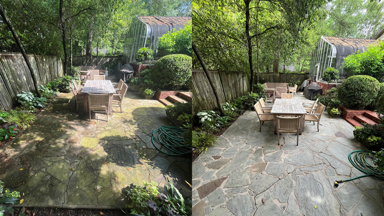 Side-by-side comparison of a backyard patio before and after cleaning, showing a dirty mossy stone surface on the left and a clean, bright stone surface on the right with outdoor furniture, plants, and a greenhouse.