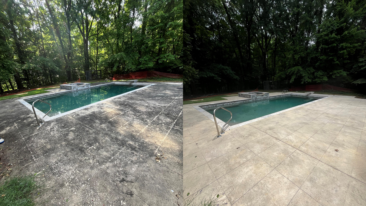 Side-by-side comparison of a swimming pool area before and after cleaning. The left side shows a pool with a dirty, stained concrete deck, while the right side shows a cleaned area with a clear concrete deck and a lush green forest in the background.