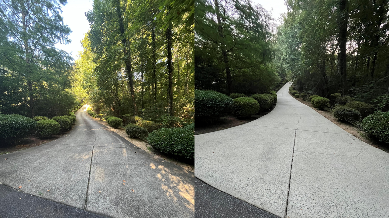 Comparison of a concrete driveway before and after pressure washing: dirty and stained driveway on the left and a fresh, clean concrete driveway on the right.