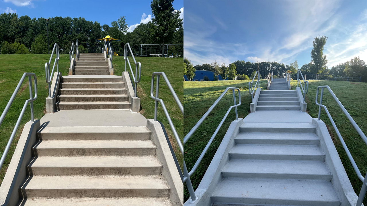 Side-by-side comparison of two outdoor staircases with handrails, one with worn concrete steps and the other with clean steps after pressure washing.