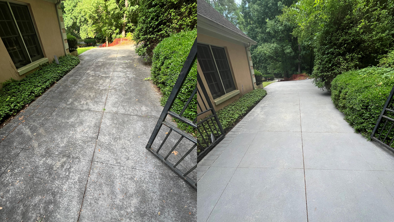 Side-by-side comparison of a driveway before and after pressure washing, with the left side showing a dirty, stained surface and the right side showing a clean, renewed surface.