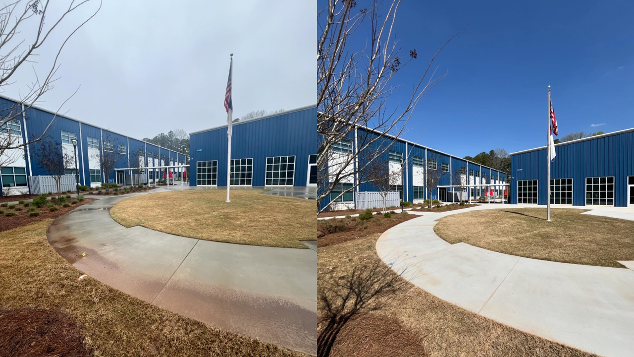 Side-by-side comparison of the same building and before and after cleaning. Left side shows dirty sidewalk and siding, right side shows everything looking fresh and clean.