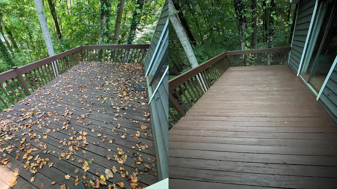 Side-by-side comparison of two wooden deck surfaces, one with fallen leaves and the other clean, with a forest background and a house with sliding door on the right.