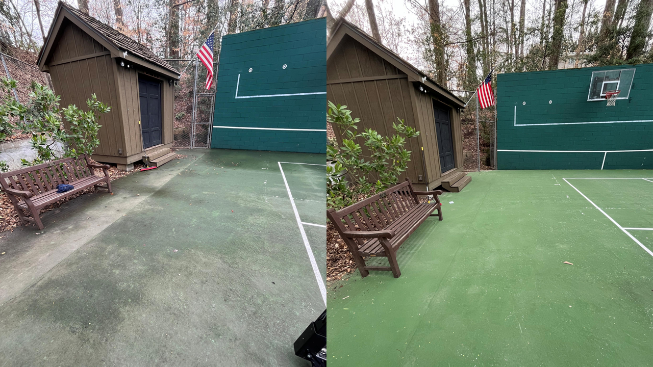 Comparison of a basketball court before and after surface cleaning. Left side shows worn, faded surface, right side shows newly cleaned, vibrant surface with court markings and a basketball hoop.