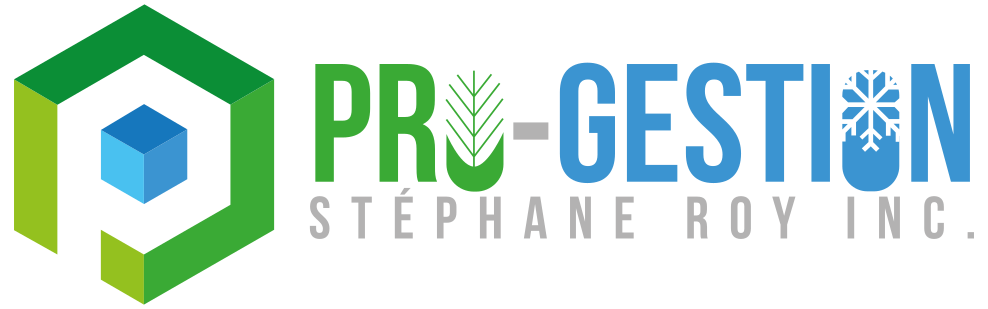 Logo de PRO-GESTION Stéphane Roy Inc., avec un hexagone vert, un cube bleu au centre, et des éléments symboliques de nature avec un arbre dans le O de PRO et un flocon de neige dans le O de GESTION.