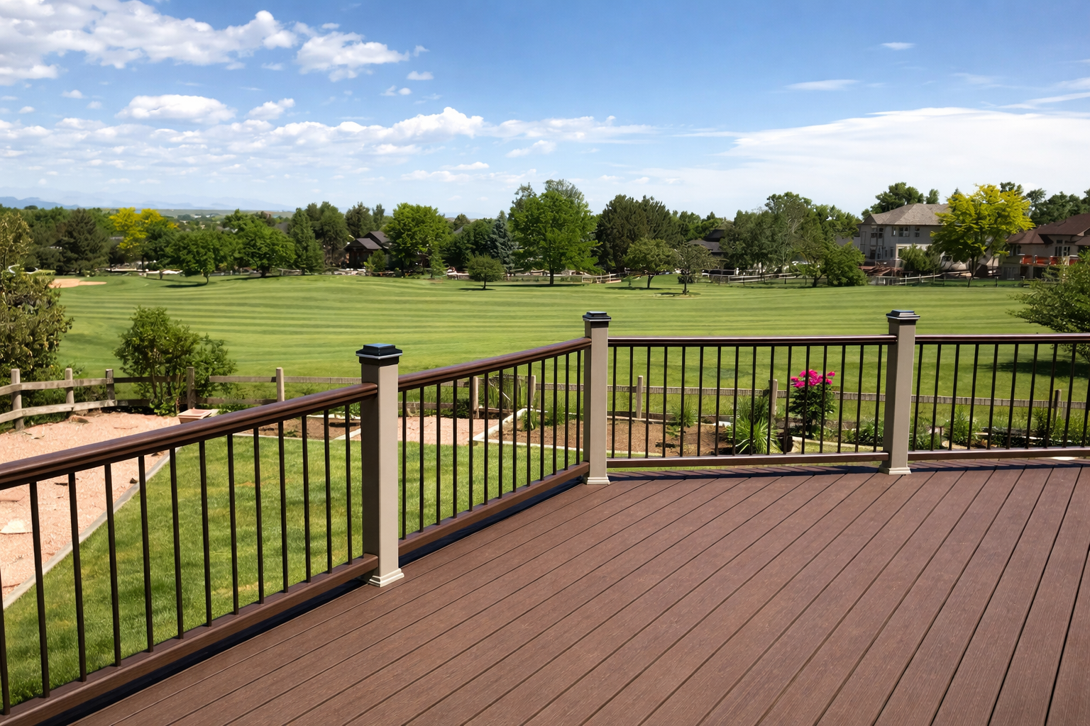 View from a composite wood deck looking out over a lush green field in colorado