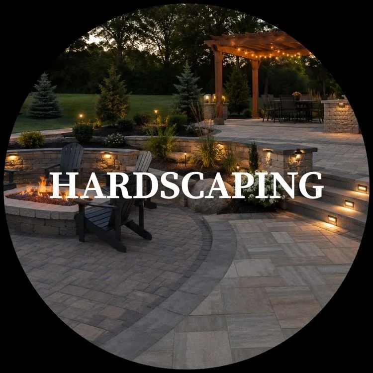 Photo of a landscaped backyard patio with stone paving, fire pit, outdoor furniture, illuminated steps, and a pergola with string lights, surrounded by trees.