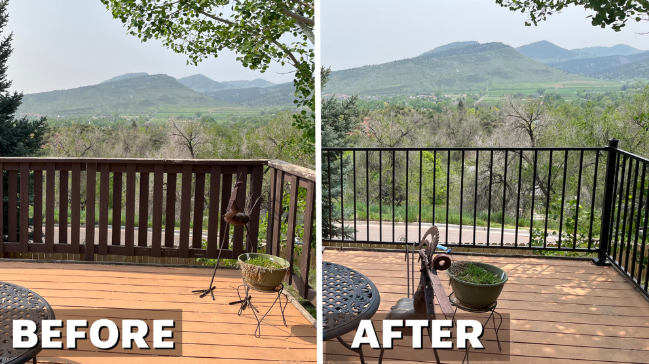 Comparison of a balcony before and after replacing a wooden railing with a black metal railing, with a view of green hills and trees in the background.