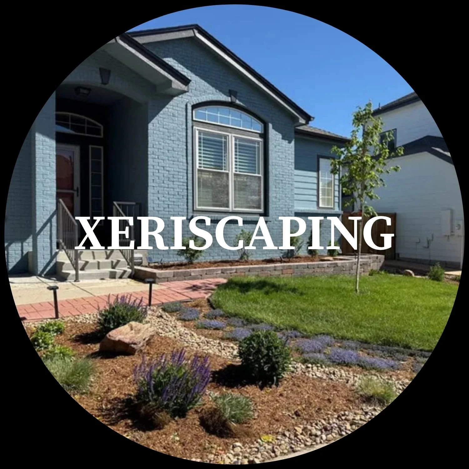 A blue house with a front yard garden and a small tree, with the word 'XERISCAPING' written across the image.