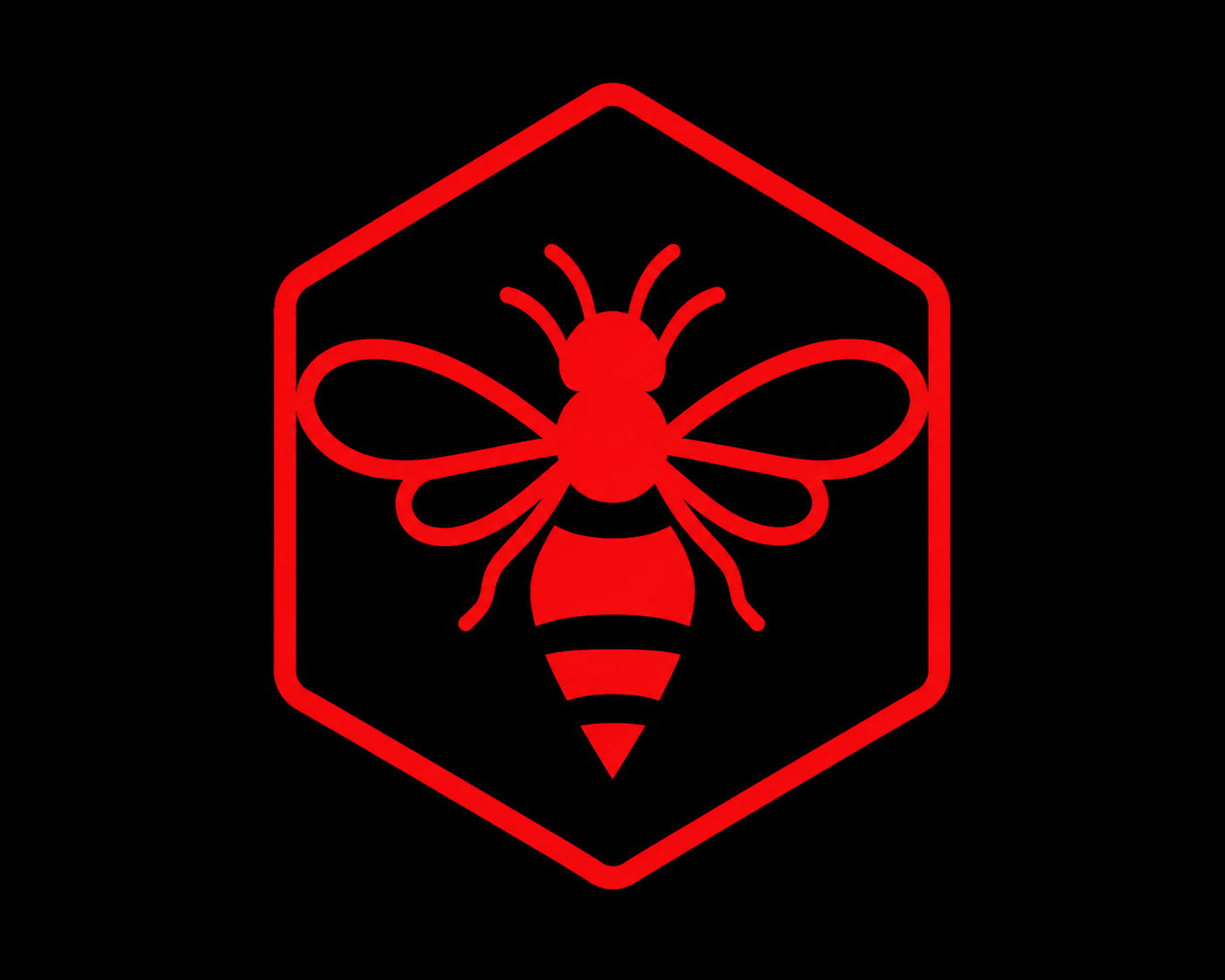 Red outline of a bee inside a hexagon on a black background.