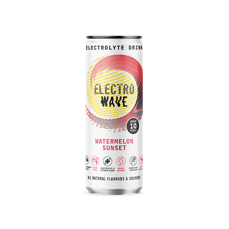A can of Electrolyte Drink called Electro Wave in watermelon sunset flavor with colorful circular design on the label.