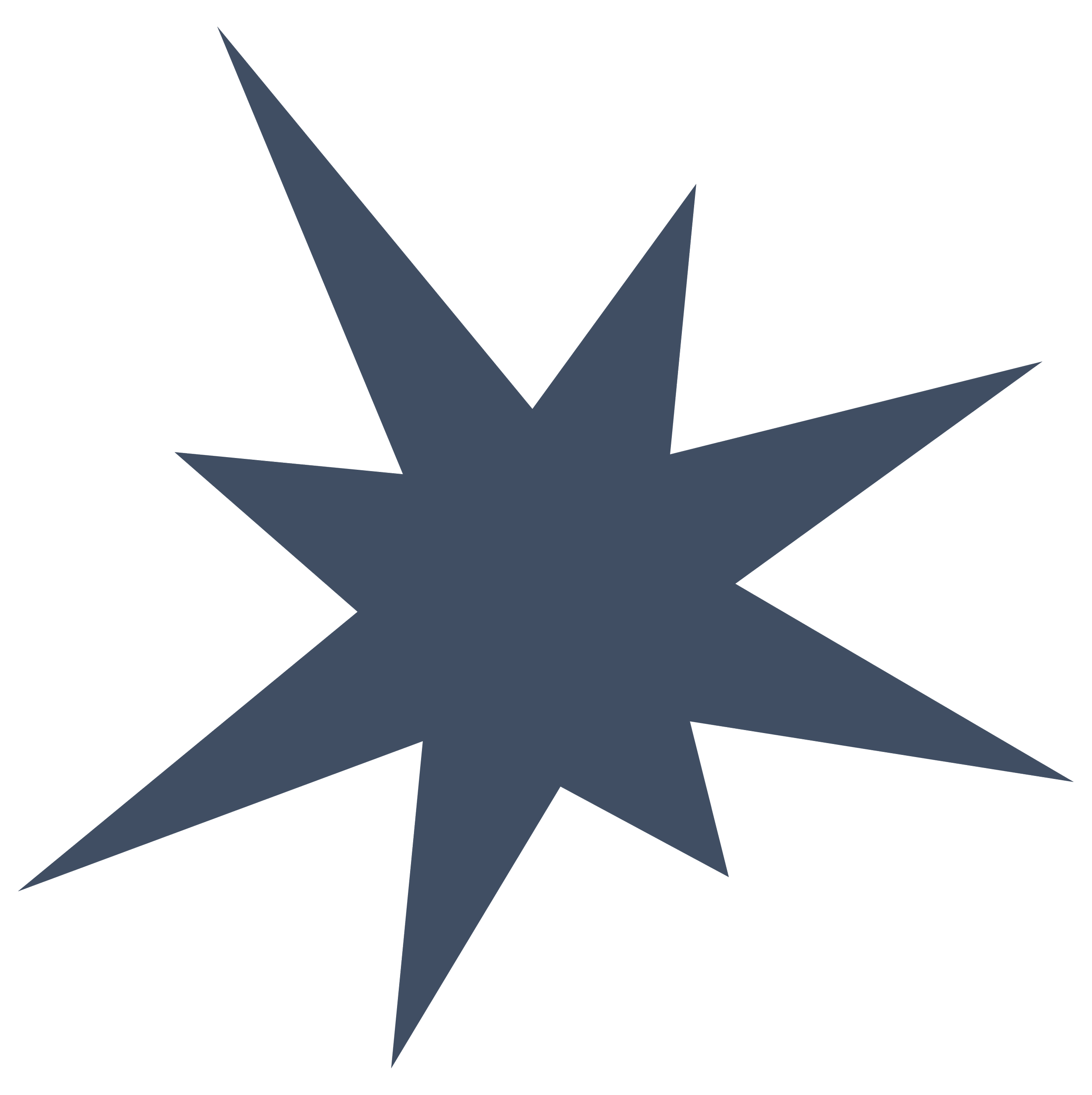 A dark gray, eight-pointed starburst shape with sharp, elongated points on a black background.