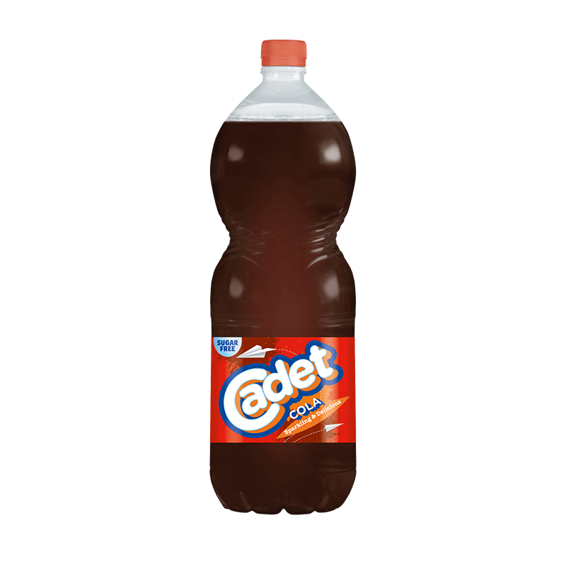 A plastic bottle of Cadet Cola with a red label and a red cap.