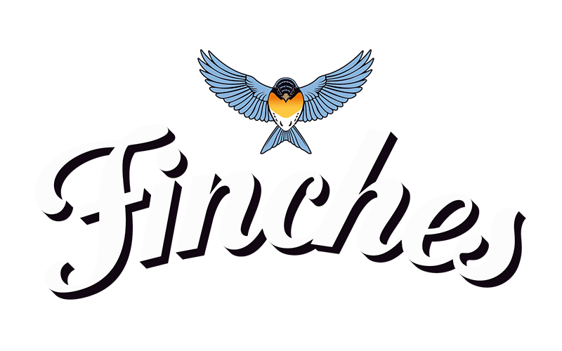Illustration of a hummingbird above the stylized text 'Finches' on a black background.