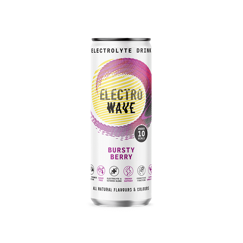 A can of Electrolyte Drink called Electro Wave in Bursty Berry flavor with a colorful circular design on a white background and various icons indicating health benefits.