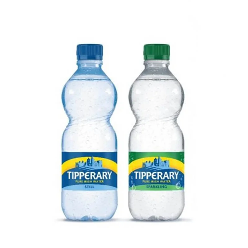 Two bottles of Tipperary sparkling and still bottled water with green and blue caps