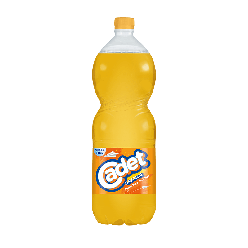 A plastic bottle of Cadet orange flavored beverage with a yellow cap and label, marked as sugar-free.