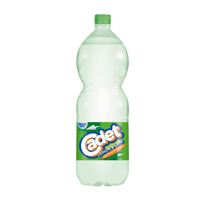 A 16.9 oz plastic bottle of Cadet Lemon & Lime flavored soda with a green cap and label, and a label indicating it is sugar-free.