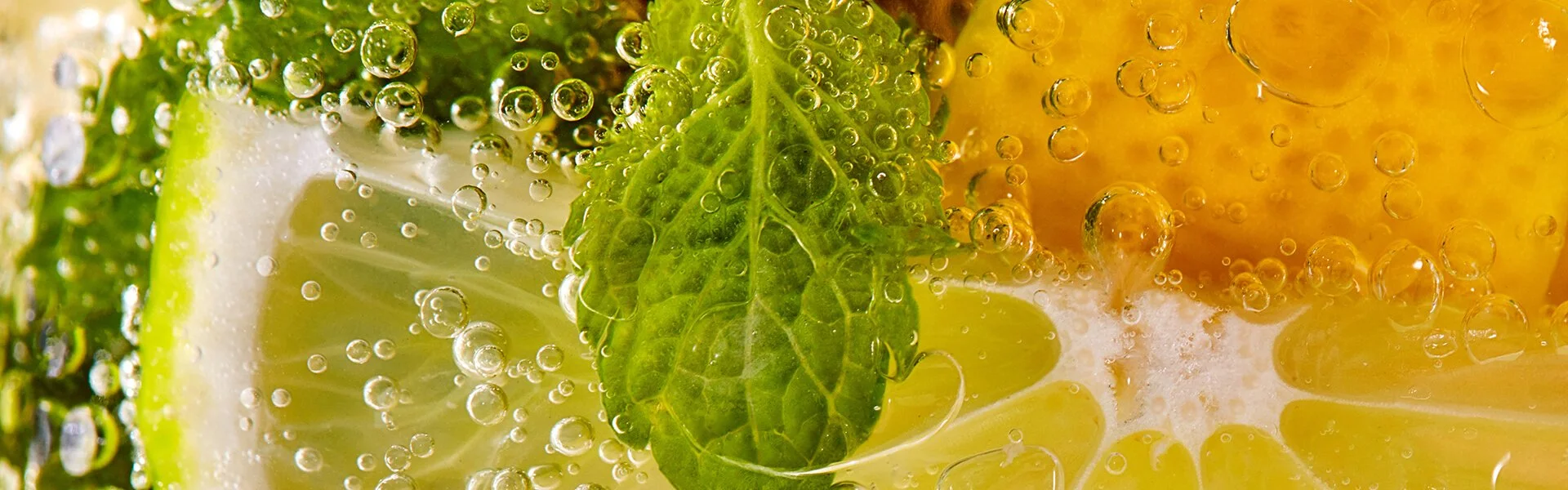 Close-up of lime, lemon, and mint leaves submerged in sparkling water with bubbles.