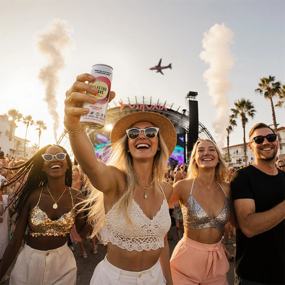 Young woman at an outdoor music festival holding a drink and smiling with others around her, with palm trees, a stage, and an airplane in the sky in the background.