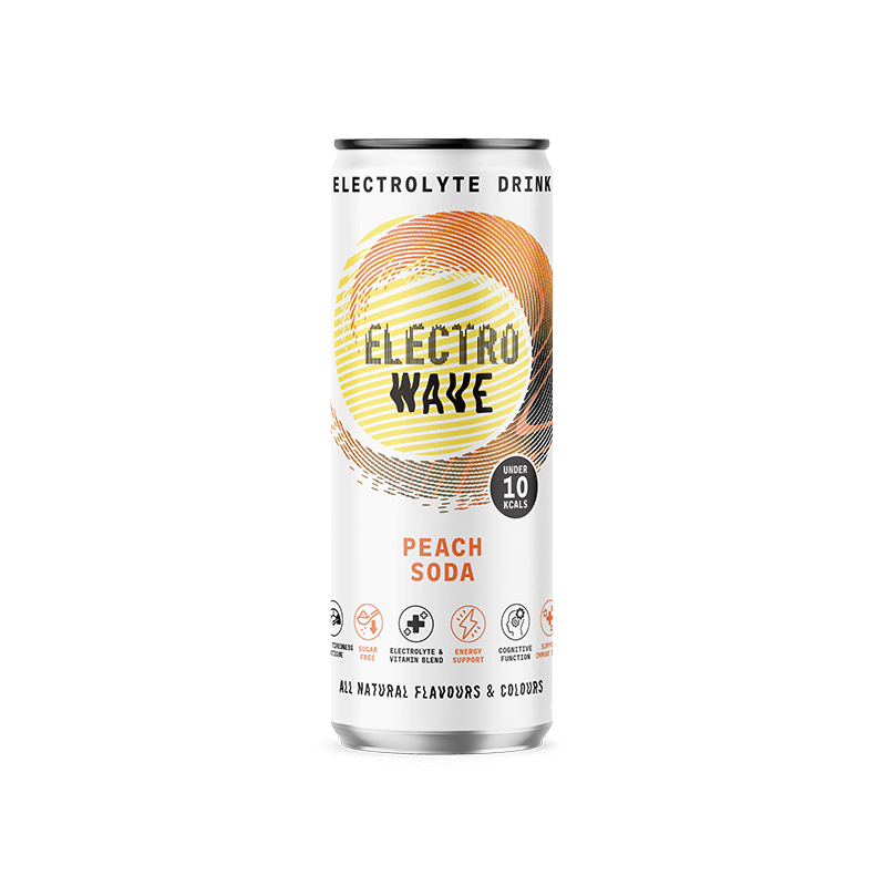 A can of ElectroWave Peach Soda with colorful, circular, wavy design and black text indicating it is an electrolyte drink with under 10 calories.