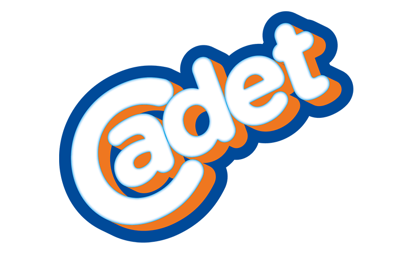 The logo of a brand called 'Cadet' with stylized white text outlined in blue and orange.