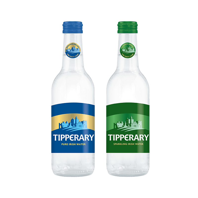 Two bottles of Tipperary Irish water, one labeled 'Pure Irish Water' with a blue label and cap, and the other labeled 'Sparkling Irish Water' with a green label and cap.