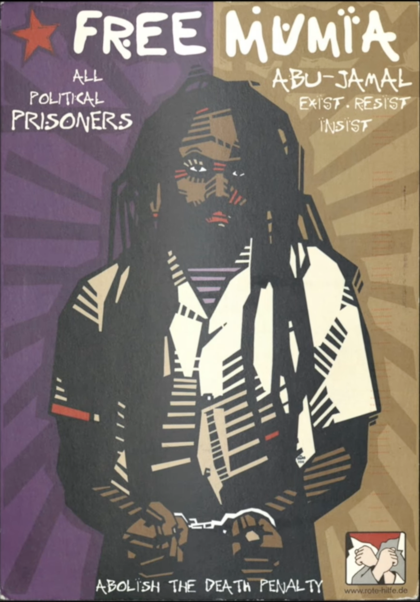 Stylized illustration of a person with their hands on their face, surrounded by political messages advocating for the abolition of the death penalty, and text reading: "Free Mumia", "All Political Prisoners", "Abo-Jamal Exist Resist Insist", and "Abolish the Death Penalty".