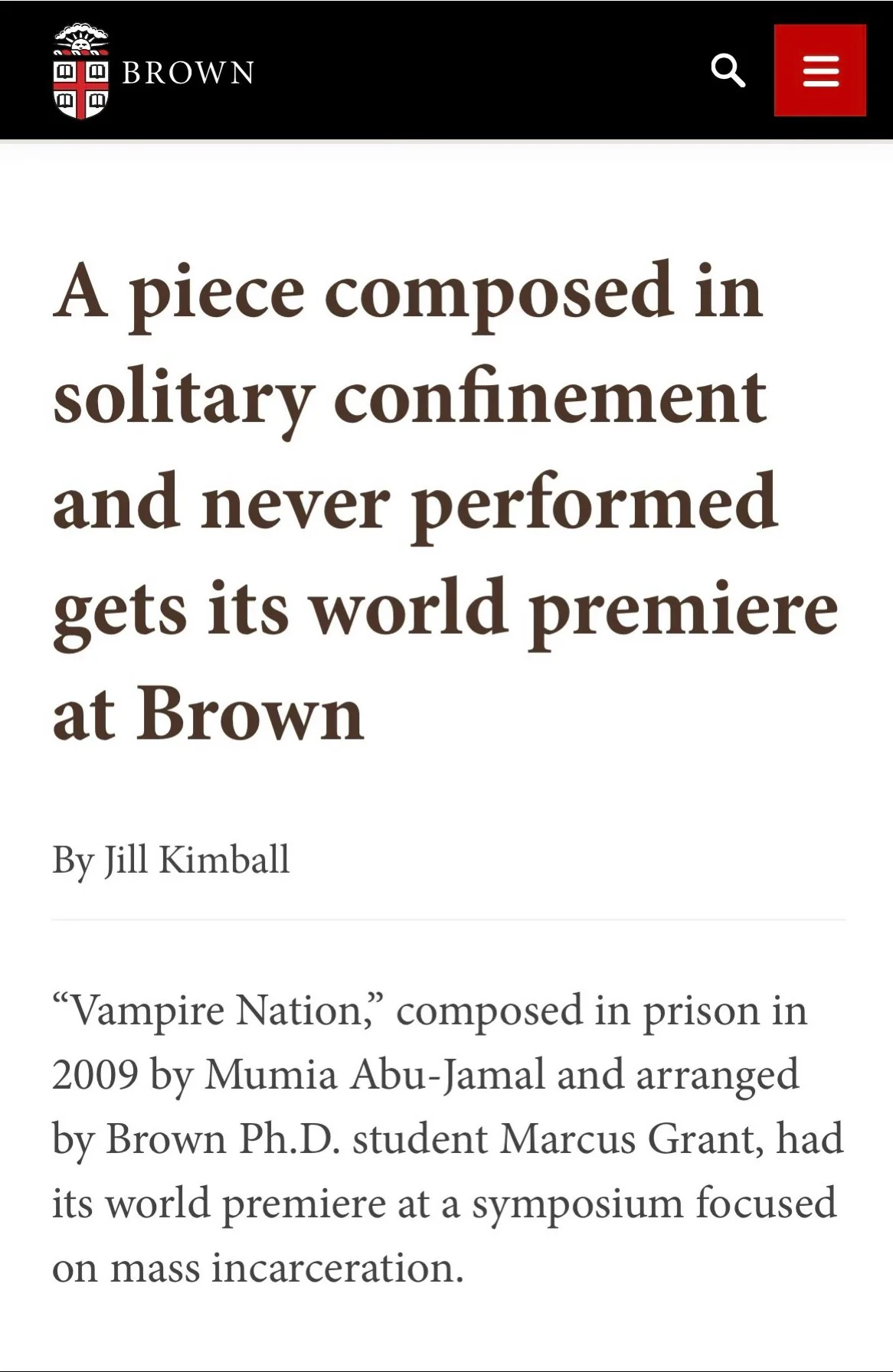 Screenshot of a webpage from Brown University featuring an article titled "A piece composed in solitary confinement and never performed gets its world premiere at Brown" by Jill Kimball.