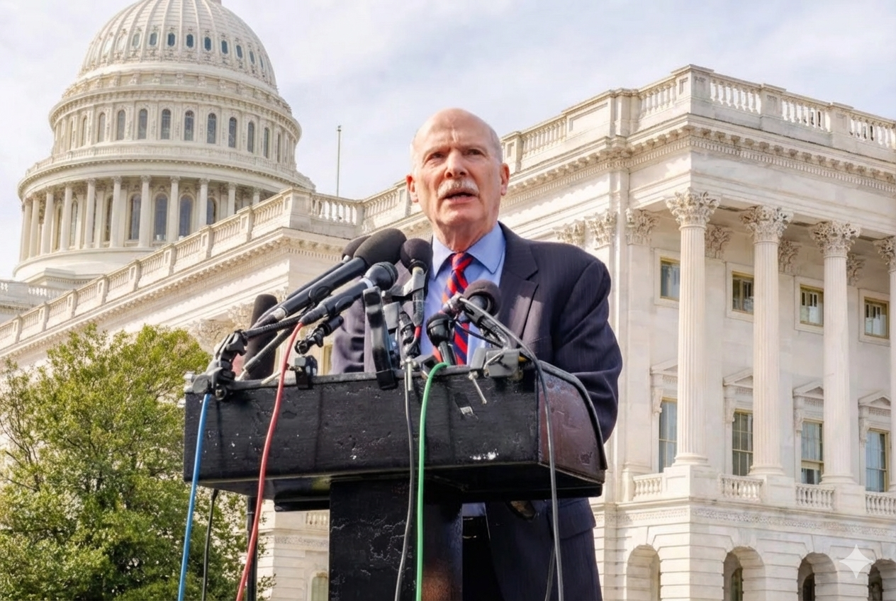 A man speaking at a podium outside the United States Capitol building, which is visible in the background.