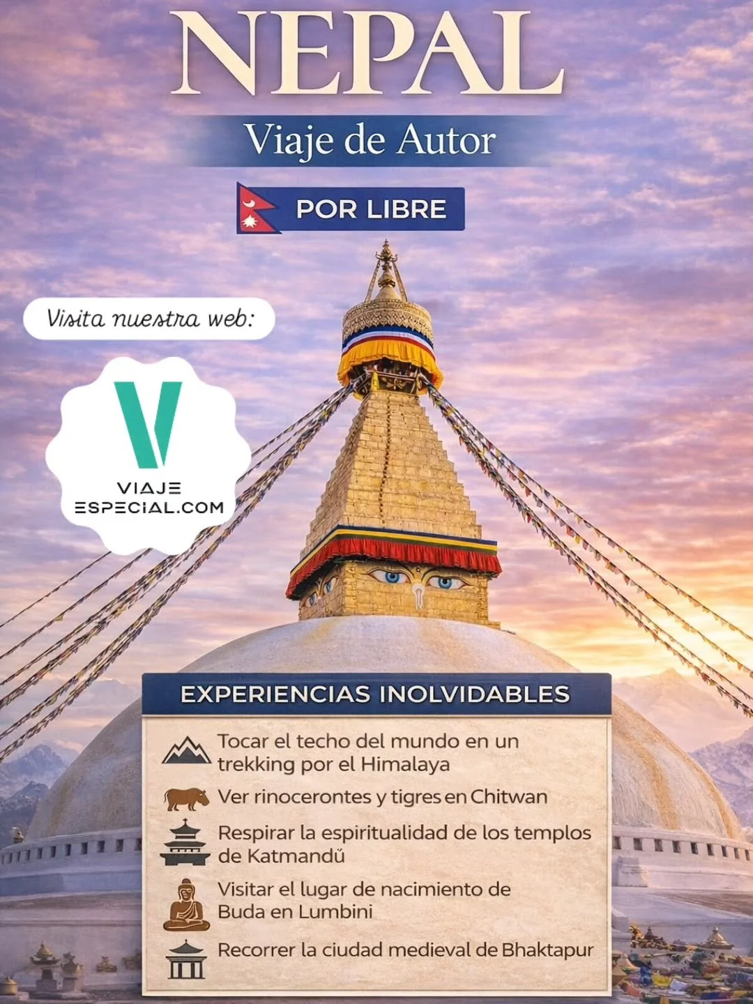 Nepal es de esos destinos que no se recorren&hellip; es un viaje que transforma.🇳🇵

Imag&iacute;nate caminar por senderos del Himalaya sin m&aacute;s ruido que tus pasos 🏔
Respirar incienso en los templos de Katmand&uacute;.🛕
Perderte entre plaza