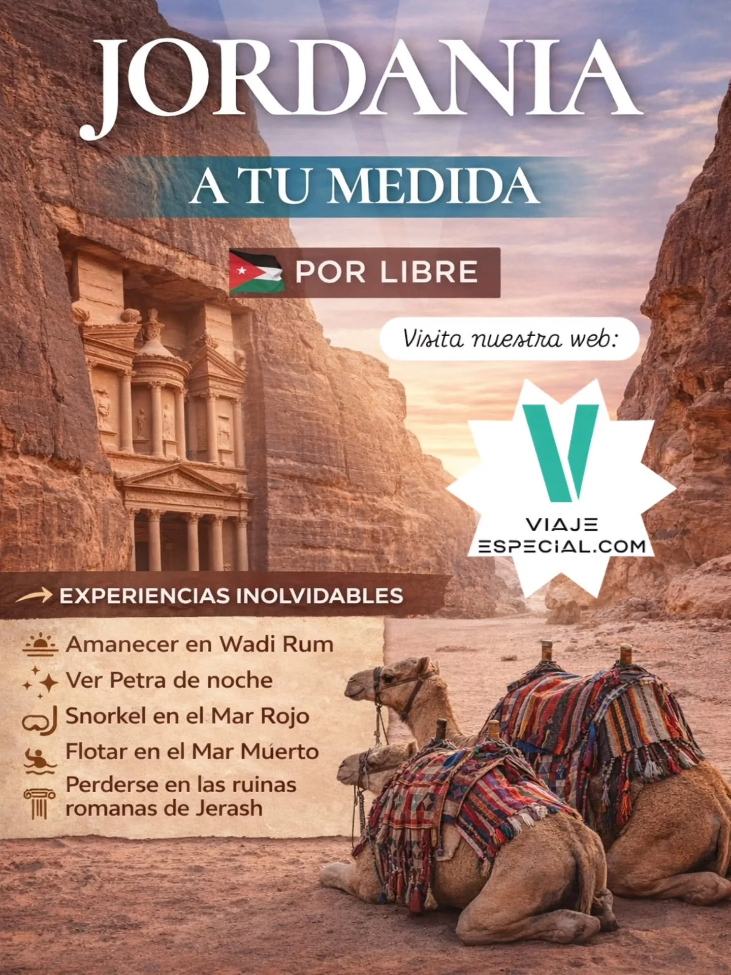 Jordania es despertar en el silencio absoluto de Wadi Rum, mientras el desierto cambia de color con el amanecer 🐫
Es entrar en Petra cuando cae la noche y verla iluminada por cientos de velas 🕯
Es flotar sin esfuerzo en el Mar Muerto 🌊
Es sumergir