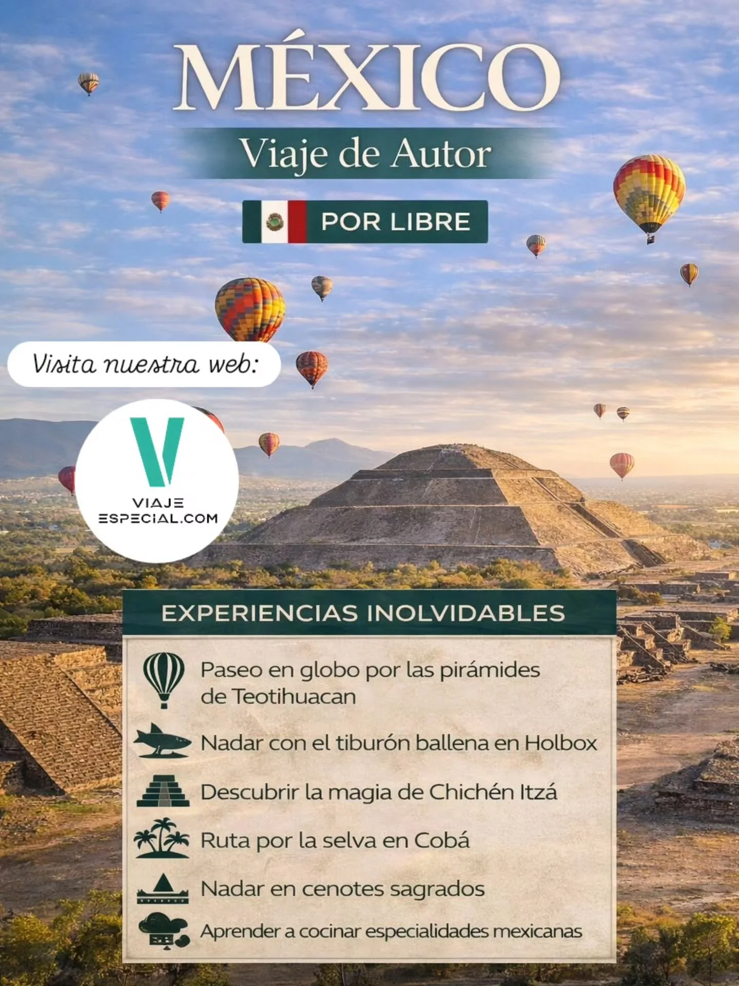 M&eacute;xico es un pa&iacute;s que se siente con todos los sentidos. 🇲🇽
Sobrevolar Teotihuac&aacute;n al amanecer.
Sumergirte en cenotes escondidos en plena selva.
Nadar junto al tibur&oacute;n ballena en aguas cristalinas. 
Descubrir la magia de 