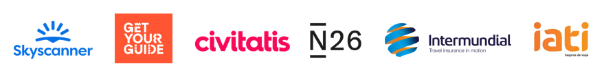 Logos empresas colaboradoras: Skyscanner, Get Your Guide, Civitatis, Banco N26, Intermundial seguros, IATI Seguros