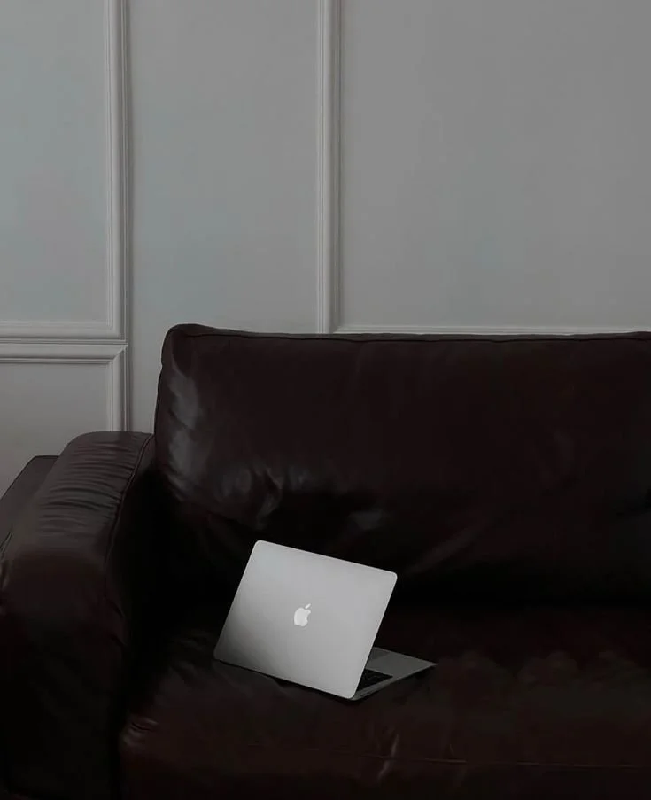 A silver MacBook placed on a dark brown leather couch next to a gray wall with decorative molding.