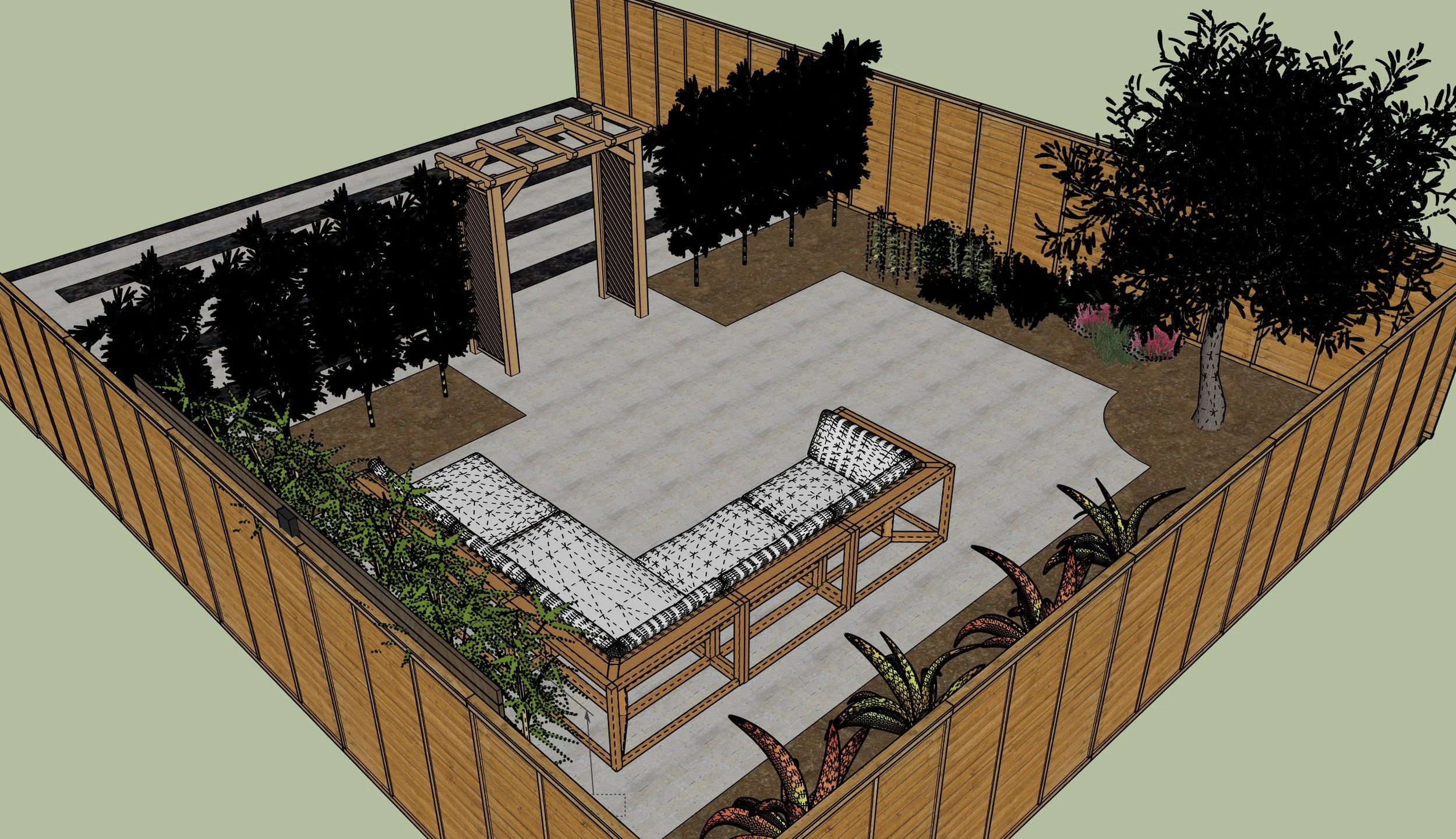Design plan of a backyard with a wooden fence, trees, a seating area with a sectional sofa, fencing archway, and various plants. Garden design near me, East london garden design. West london garden design. North London Garden design.