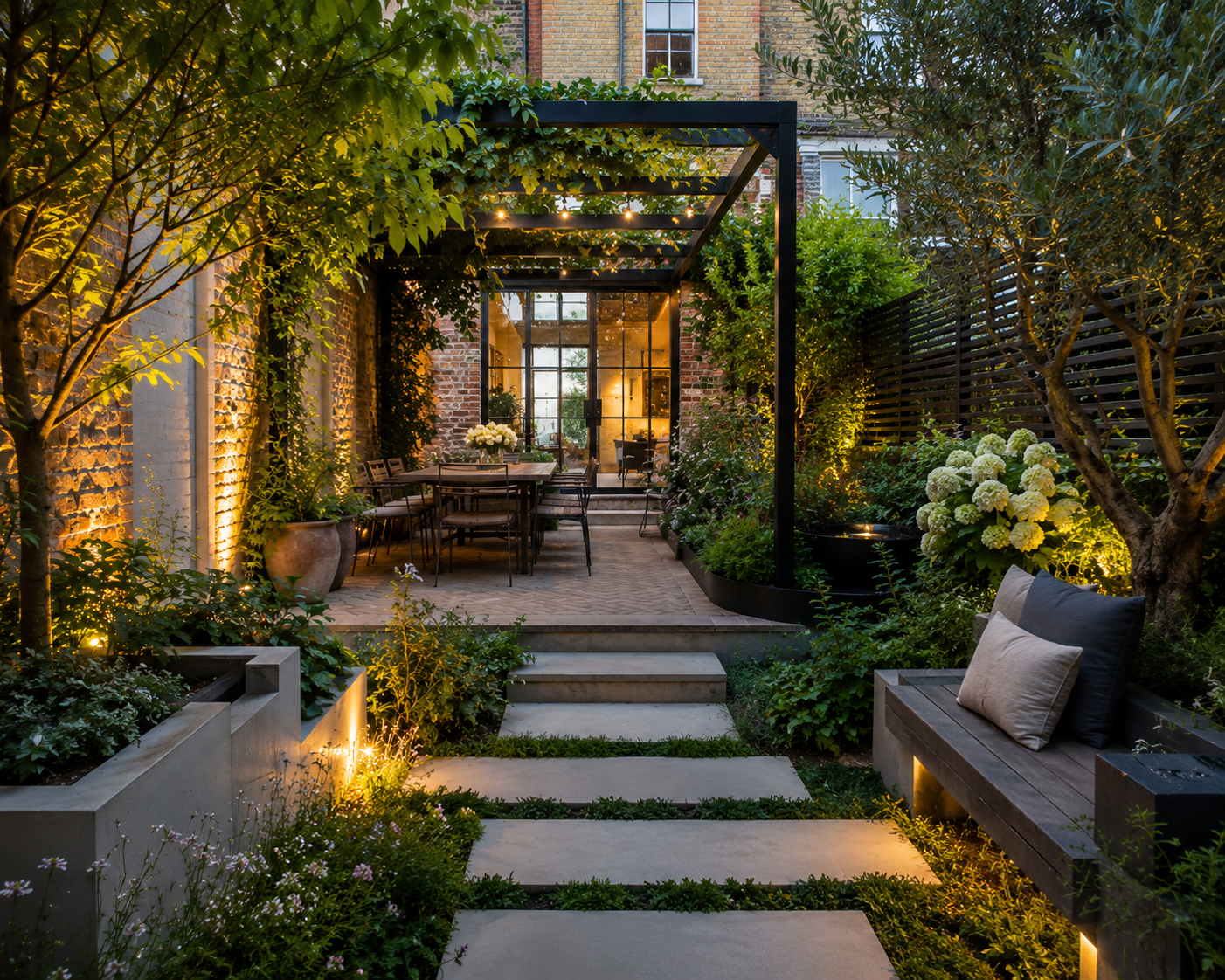 A cozy outdoor patio with garden lighting, trees, and flowering shrubs, featuring a sitting area with pillows and a dining table set for dinner, enclosed by a brick building and black fencing.