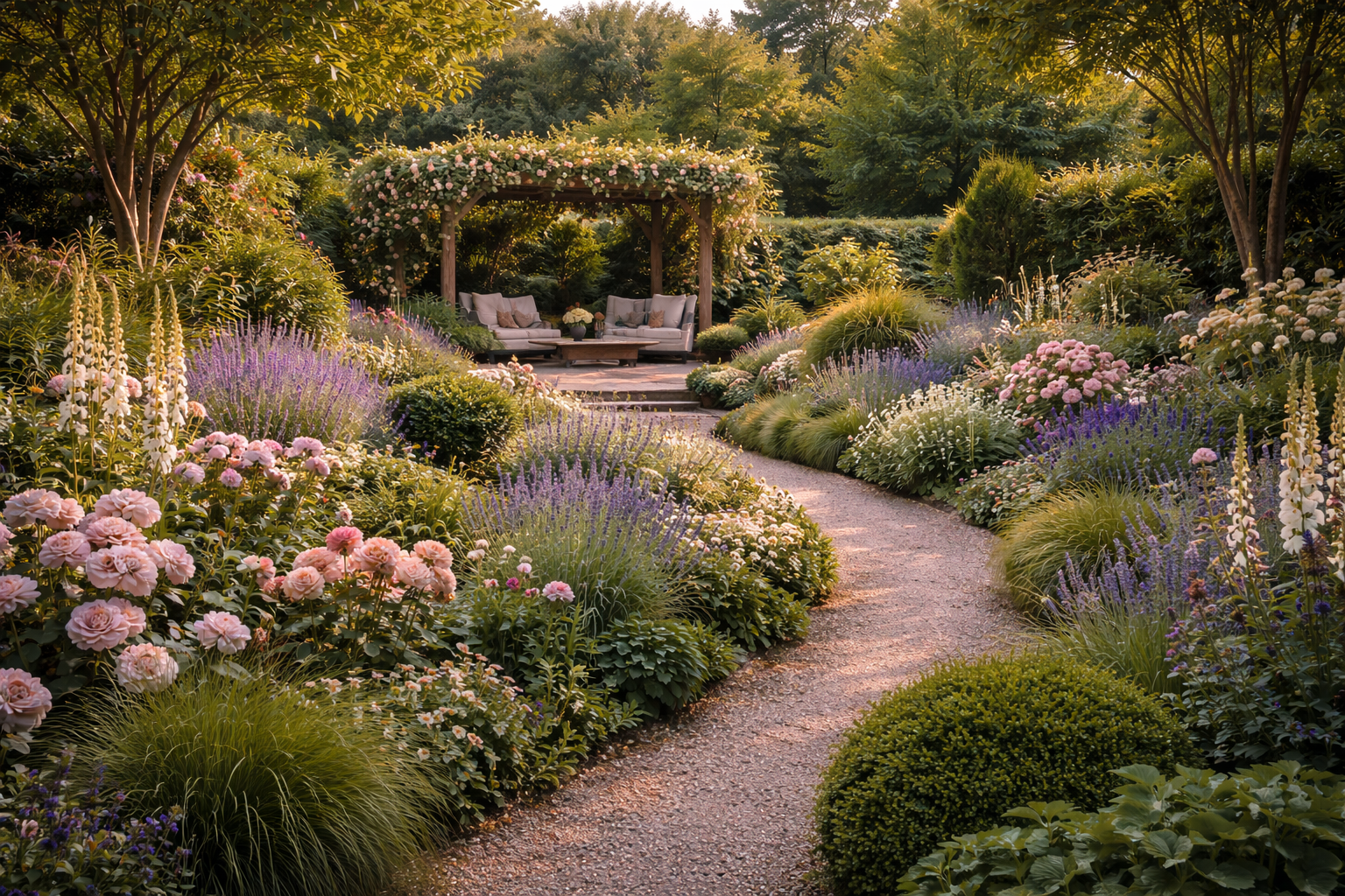 A lush garden with a winding gravel pathway, colorful flowers including pink roses, purple lavender, and white blooms, and a gazebo with seating and floral decorations in the background. Garden design near me, East london garden design. West london g