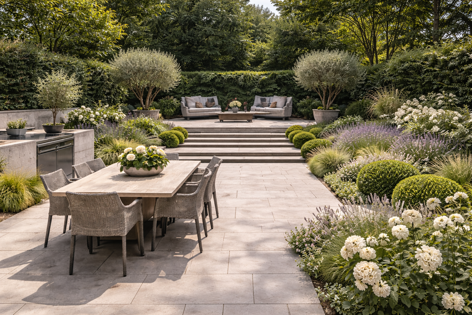 A landscaped garden with a patio area, featuring a wooden dining table with six chairs, steps leading to a seating area with two sofas, and lush greenery and flowering plants surrounding the space. Garden design near me, East london garden design. We