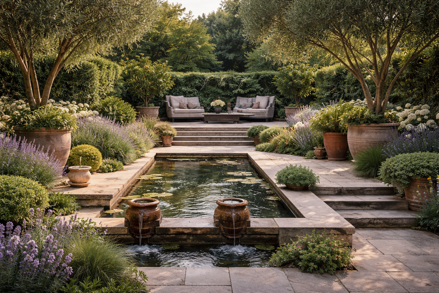 A landscaped garden with a water fountain in the foreground, surrounded by potted plants and flowering shrubs, with a patio area featuring outdoor furniture in the background.
