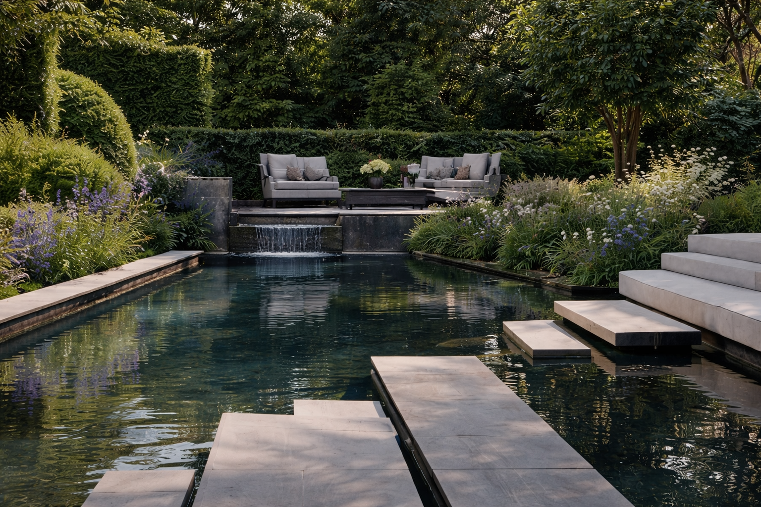 A luxurious backyard with a black swimming pool, white stone stairs, lush greenery, colorful flowering plants, and gazebo seating area with sofas and cushions. Garden design near me, East london garden design. West london garden design. North London