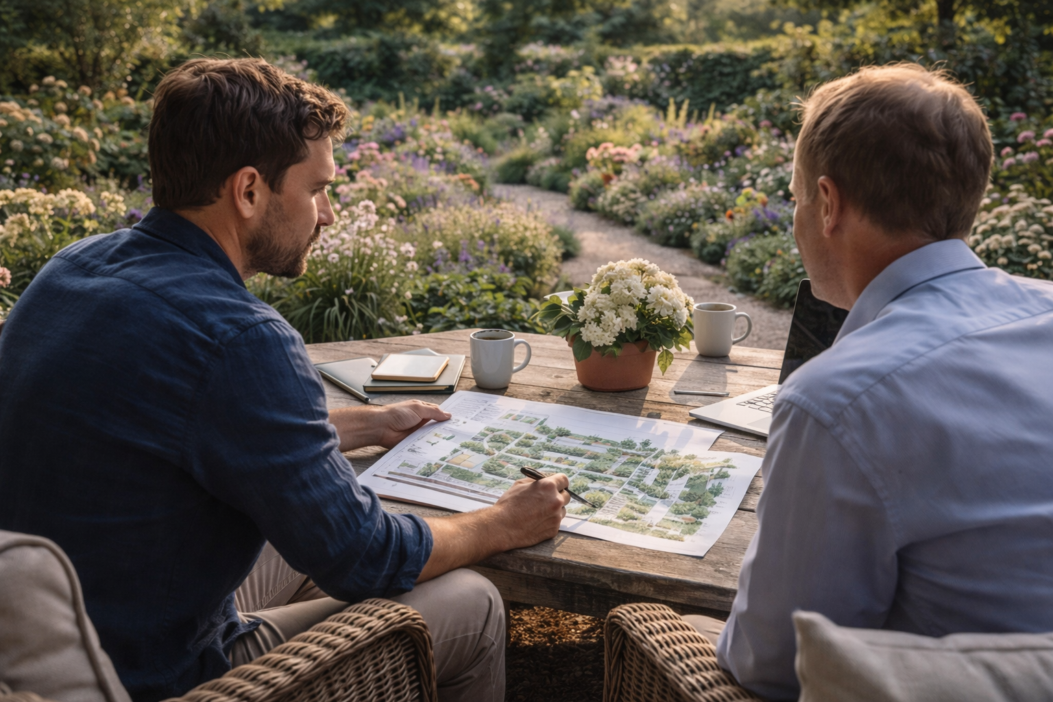 Two men sit at a wooden table outdoors in a garden, reviewing landscape plans with notebooks and a laptop, surrounded by blooming flowers, with coffee cups and a potted plant on the table. Garden design near me, East london garden design. West london