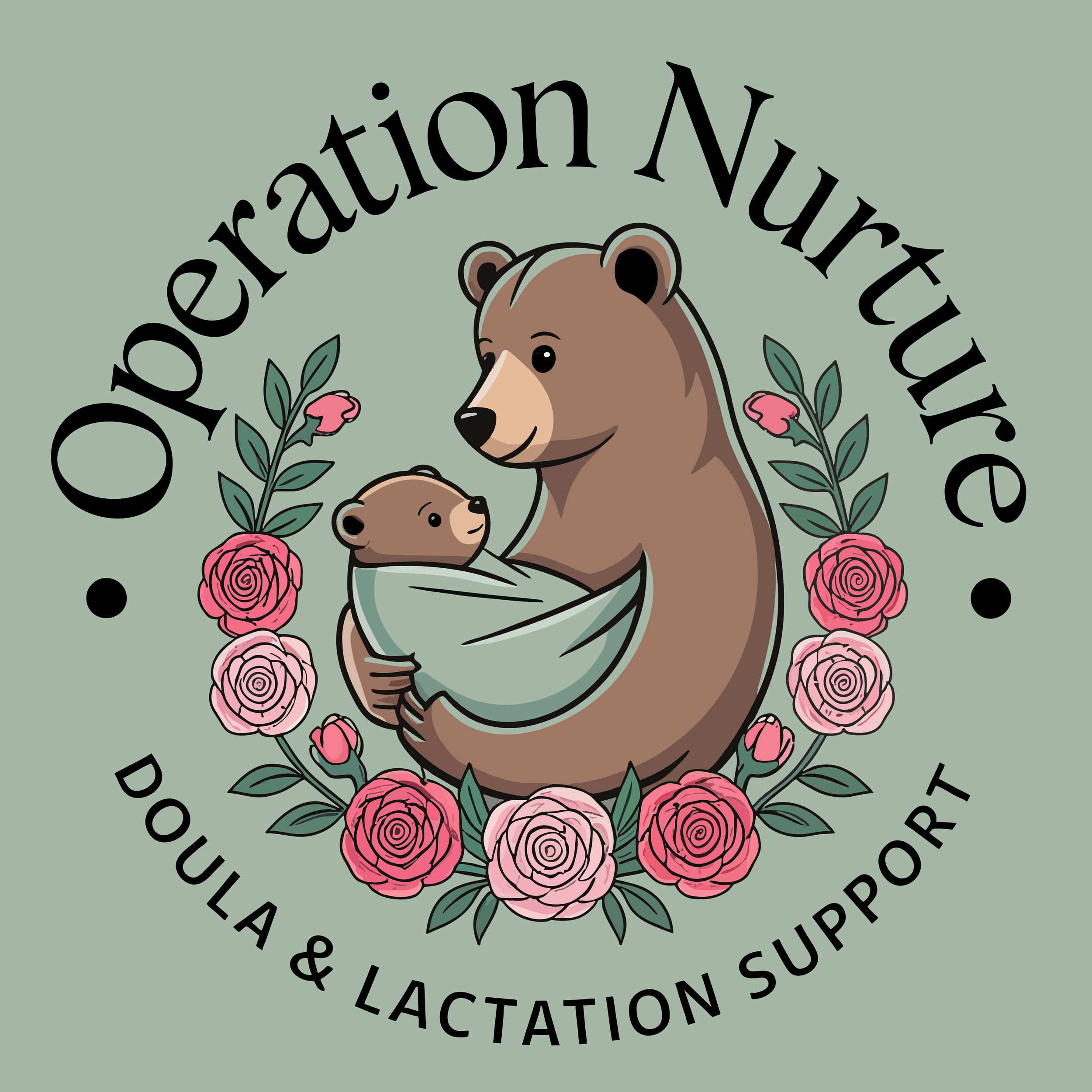 Logo for Operation Nurture featuring a bear holding a baby bear in a swaddle with pink roses and green leaves around them.
