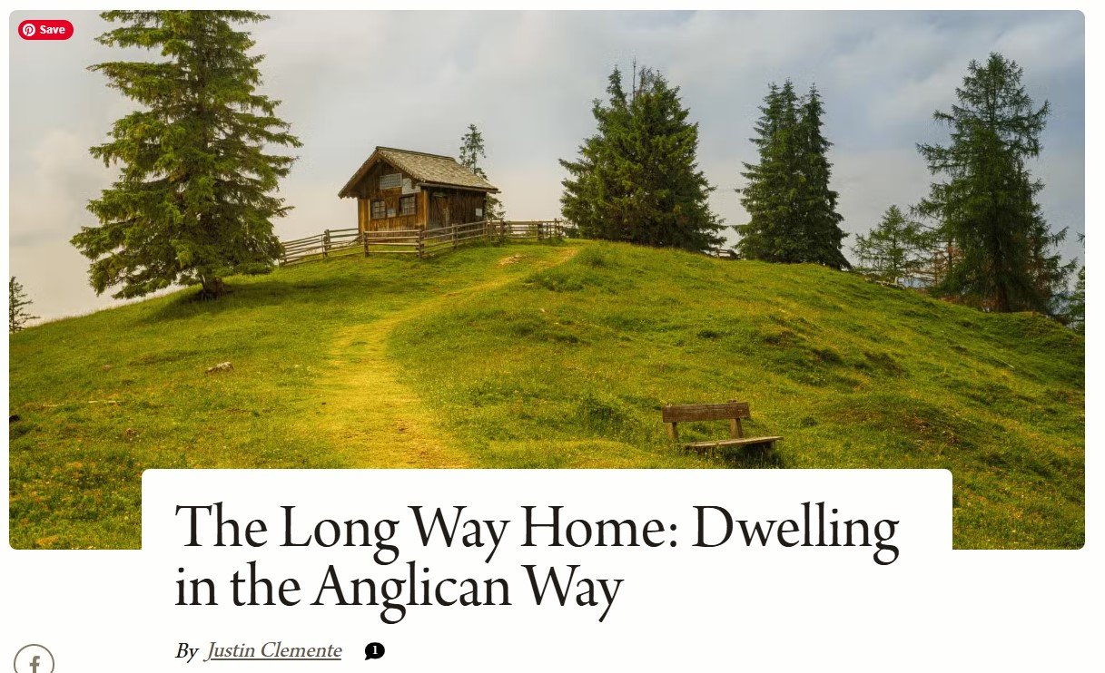 A small wooden house on a grassy hill, surrounded by tall evergreen trees, with a winding dirt path leading up to it and a wooden bench in the foreground.