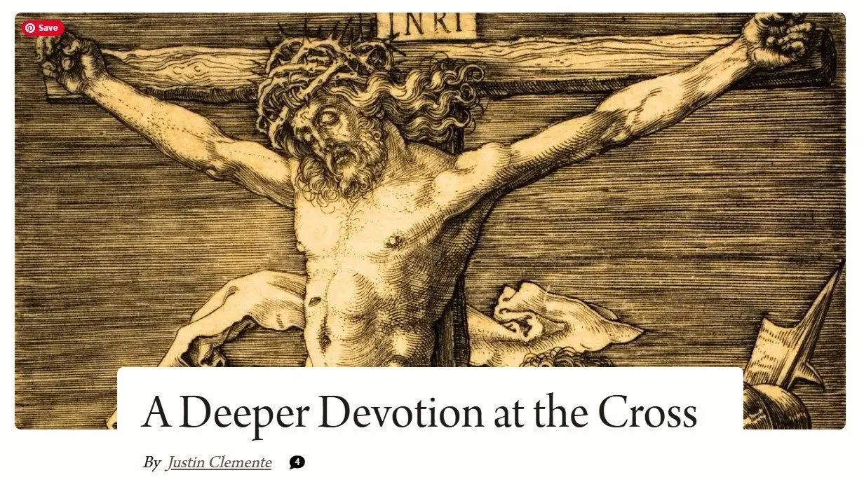 A detailed illustration of Jesus Christ on the cross, wearing a crown of thorns and with his arms outstretched, with a dark background and a handwritten Latin inscription above his head.