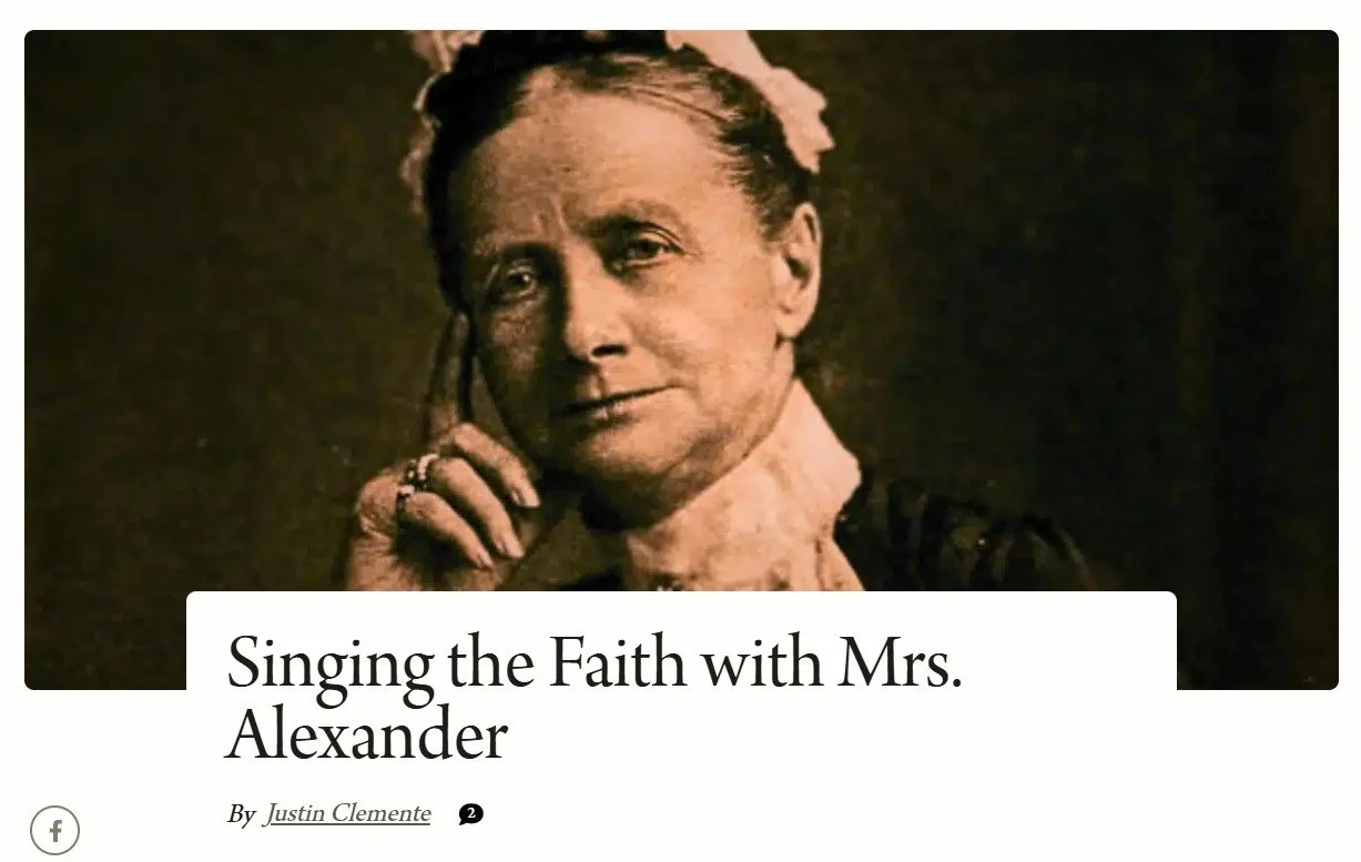 Black and white portrait of a woman with her hand near her face, wearing a dress and a flower headband, with the text "Singing the Faith with Mrs. Alexander" and a byline "By Justin Clemente".