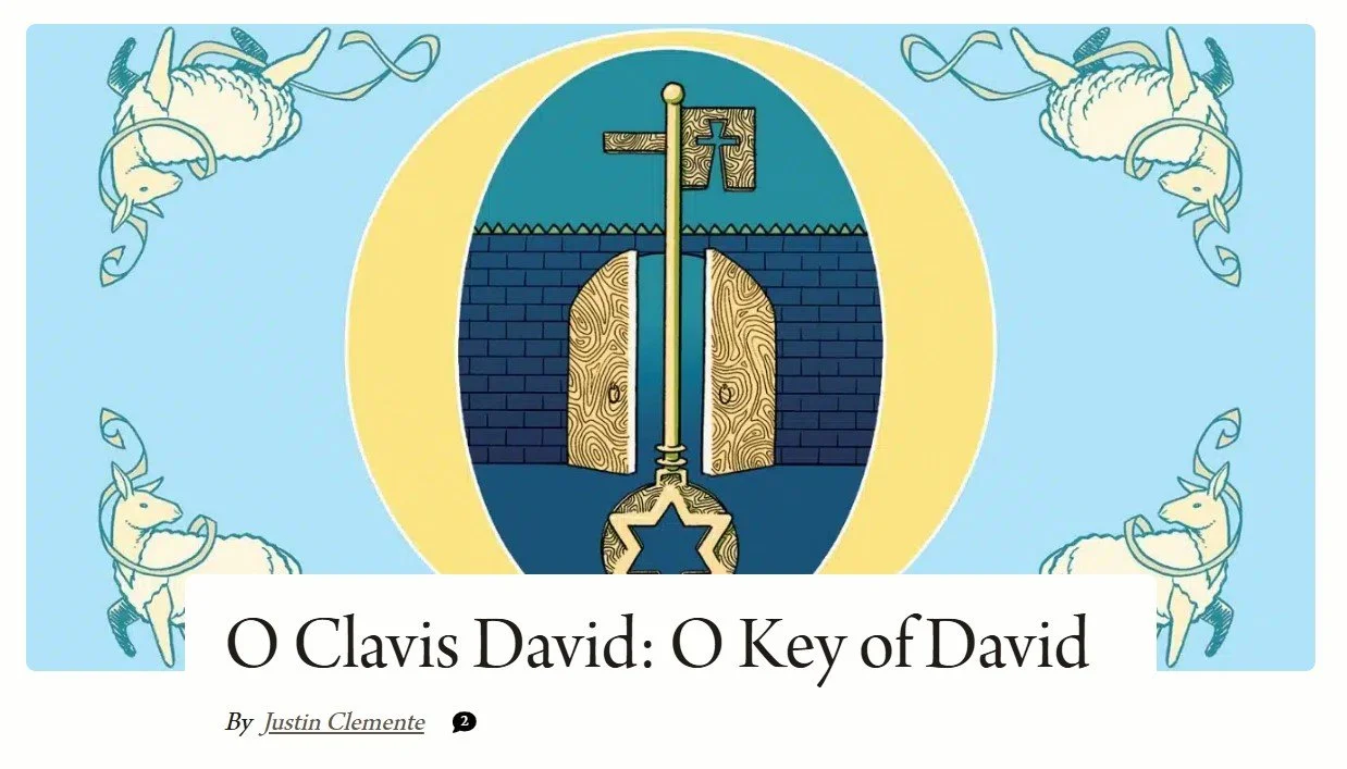 Book cover titled "O Clavis David: O Key of David" by Justin Clemente, featuring a stylized illustration of a key with a star-shaped end, standing upright in front of a brick wall and open wooden doors, with decorative sheep and intertwined ribbons s