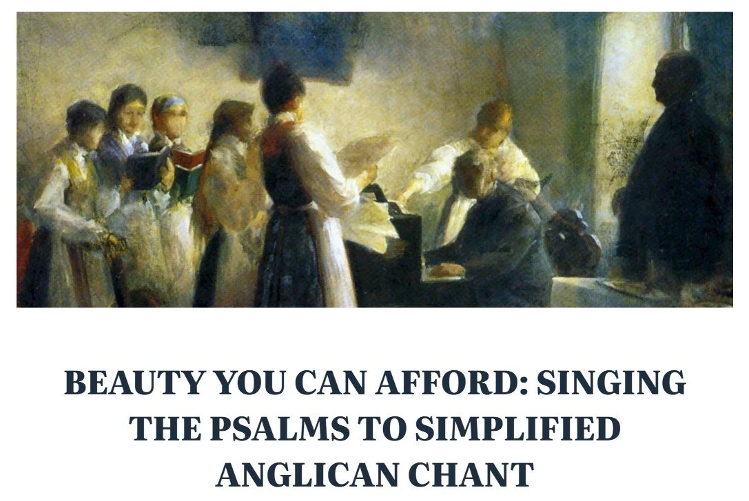 A painting of a church choir singing, with a woman playing the piano and a man standing nearby, in a dimly lit interior.