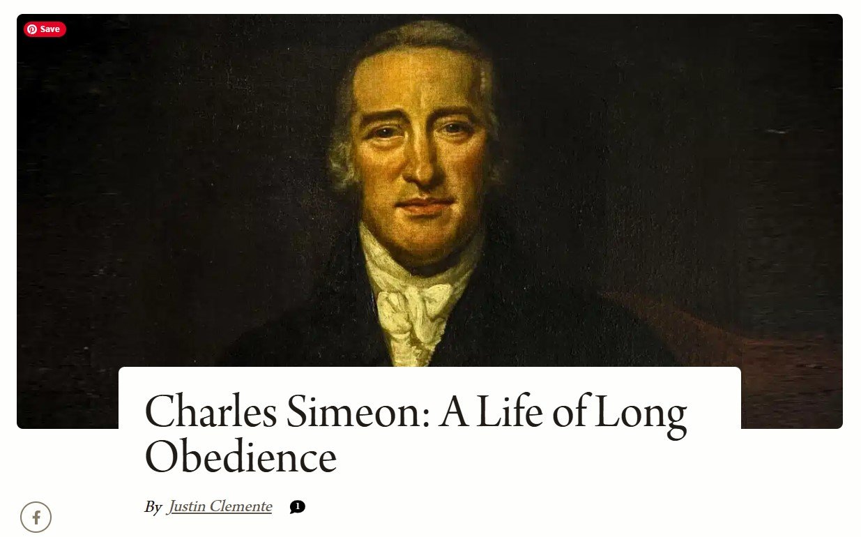 Portrait of Charles Simeon, a man with light skin, dressed in historical clothing, with a serious expression, dark background.