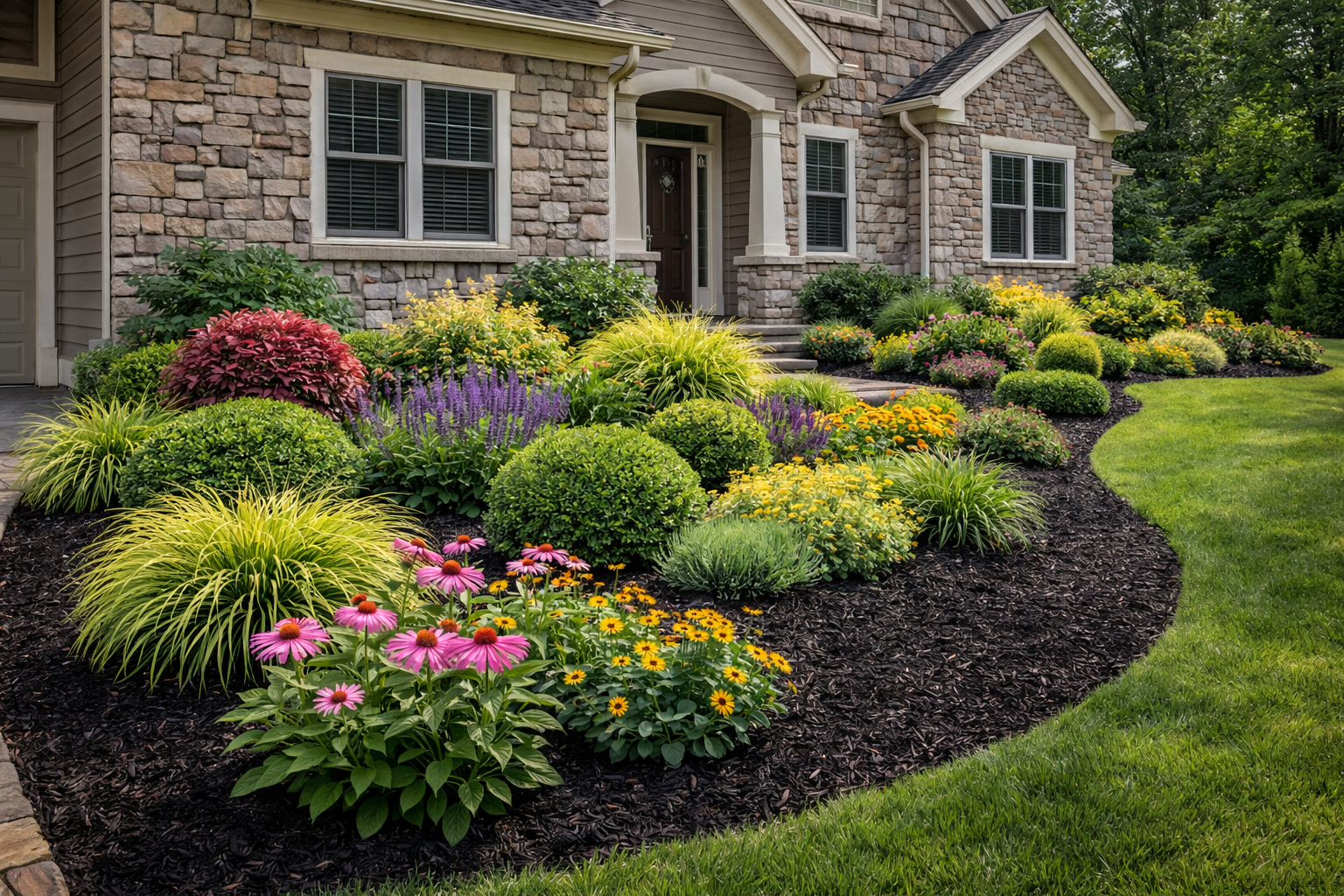A well-maintained front yard garden with colorful flowers and shrubs in front of a house with stone and siding exterior.